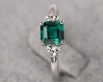 Vintage Emerald Wedding Ring Solid Silver Asscher Cut Simple May Birthstone Ring