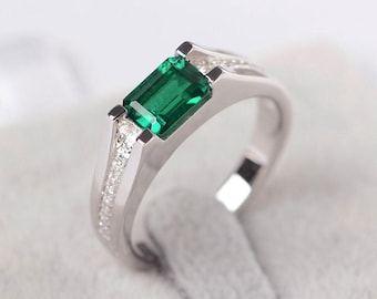 Green emerald ring silver engagement ring May birthstone ring anniversary ring for women