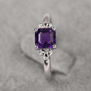 Retro Asscher Cut Amethyst Engagement Ring Sterling Silver Solitaire Ring February Birthstone