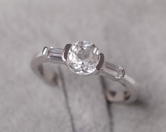 White topaz ring round cut silver engagement ring for women