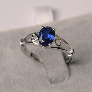 Sapphire solitaire engagement ring oval cut white gold September birthstone ring for women