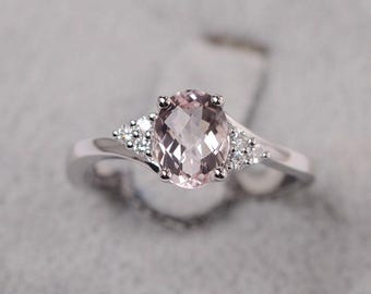 morganite ring sterling silver wedding ring for women oval cut pink gemstone ring
