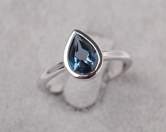 London blue topaz ring pear cut blue gemstone sterling silver solitaire engagement ring