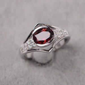 Garnet ring sterling silver engagement ring for women oval cut red gemstone January birthstone ring