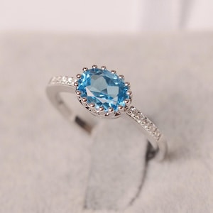 Swiss blue topaz ring white gold engagement ring oval cut blue gemstone ring for women