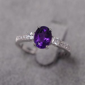 Amethyst ring February birthstone anniversary ring for women oval cut sterling silver wedding ring