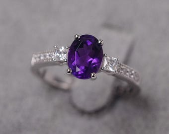 Amethist ring februari geboortesteen verjaardagsring voor vrouwen ovaal geslepen sterlingzilveren trouwring