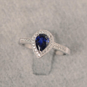 Blue sapphire ring pear cut halo ring September birthstone white gold wedding ring for women