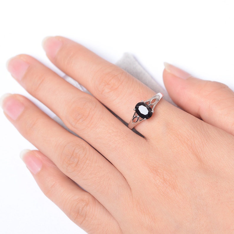 black spinel ring oval cut black stone sterling silver single ring for women