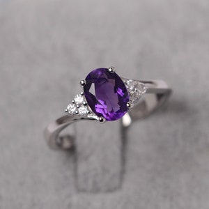 Amethyst ring oval cut February birthstone ring sterling silver engagement ring for women