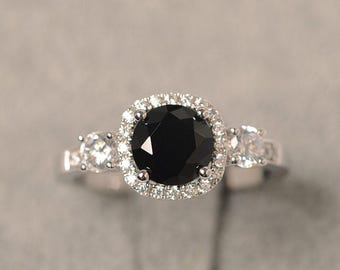 Black spinel ring silver halo engagement ring round cut