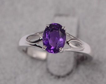 Amethyst ring February birthstone sterling silver solitaire engagement ring oval cut purple gemstone ring