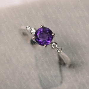 Amethyst ring sterling silver engagement ring for women February birthstone round cut ring
