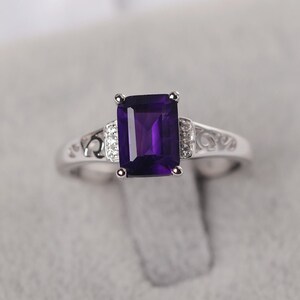 Amethyst ring sterling silver emerald cut February birthstone ring for women