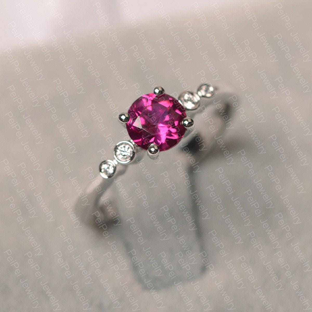Red ruby ring round cut white gold engagement ring July birthstone ring