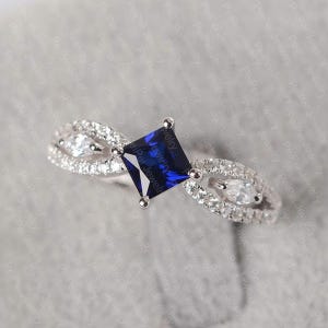 blue sapphire engagement ring September birthstone ring princess cut anniversary ring for her
