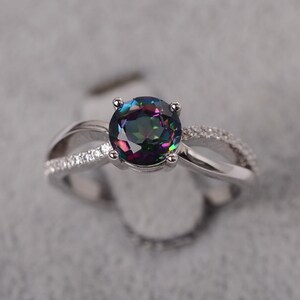 Mystic topaz ring round shape engagement rainbow gemstone ring elegant ring