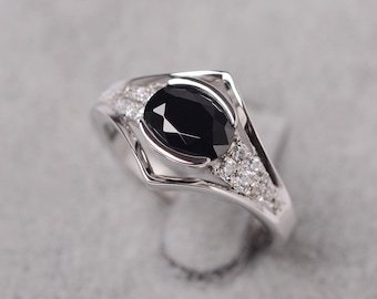 Black spinel ring sterling silver engagement ring oval shaped black stone ring