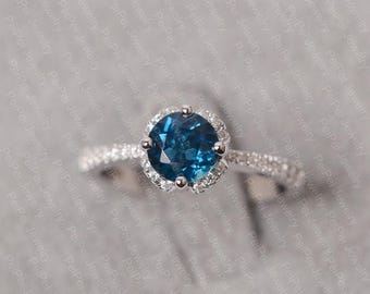 london blue topaz ring round cut blue stone ring sterling silver halo engagement ring