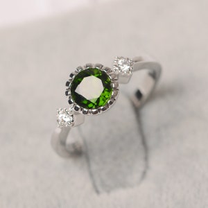 Chrome green diopside ring sterling silver engagement ring for women round cut gemstone ring