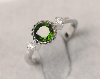 Chrome green diopside ring sterling silver engagement ring for women round cut gemstone ring
