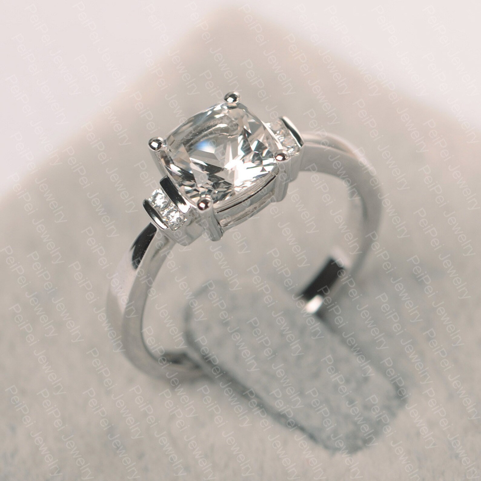 White Topaz Ring Sterling Silver Engagement Ring Cushion Cut Etsy