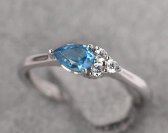 Genuine Swiss Blue Topaz Cluster Promise Ring 14K White Gold November Birthstone Ring