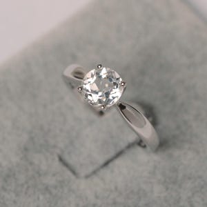 White topaz ring white gold engagement ring round cut  solitaire ring