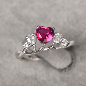 Personalization Heart Shaped Ruby Ring 5 Stone Cluster Engagement Ring Sterling Silver Cluster July Birthstone Ring