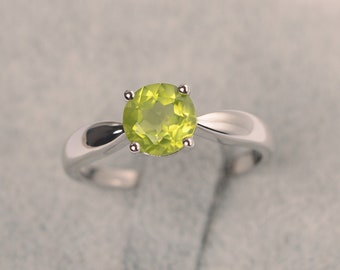 Green peridot ring August birthstone solitaire ring white gold engagement ring for women