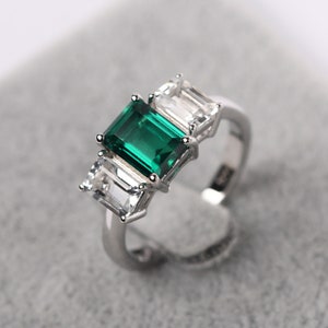 Retro Three Stone Ring Solid Sterling Silver Emerald Engagement Ring May Birthstone