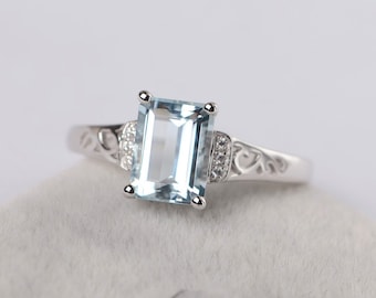 Aquamarine ring emerald cut ring for women vintage ring