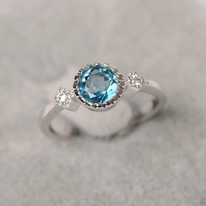 London blue topaz ring sterling silver engagement ring for women round cut gemstone ring