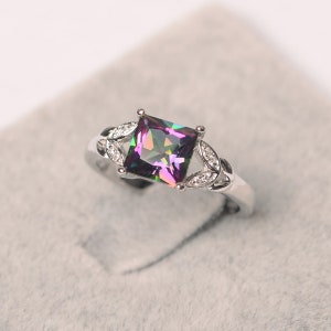 Mystic topaz ring sterling silver engagement ring  princess cut rainbow ring