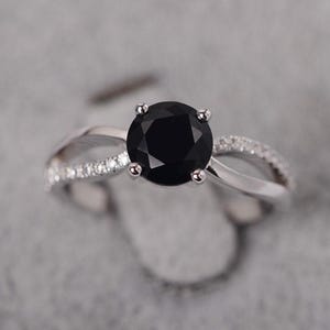 Black spinel ring sterling silver customized ring for women round cut black stone ring