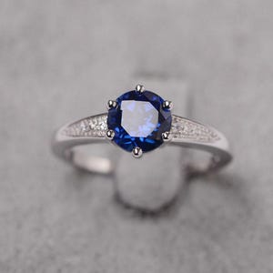Sapphire ring sterling silver engagement ring round cut September birthstone ring for women
