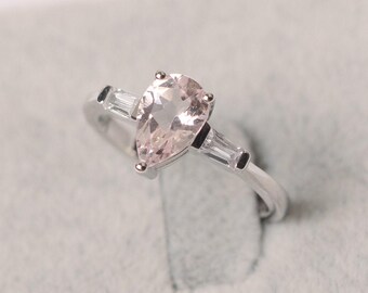 Anillo de compromiso de plata con morganita para mujer, anillo con piedra preciosa rosa de corte pera.