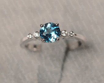 Vintage London blue topaz engagement ring round cut blue gemstone solid silver ring November birthstone