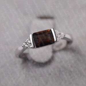 Smoky quartz ring sterling silver engagement ring emerald cut brown gemstone ring