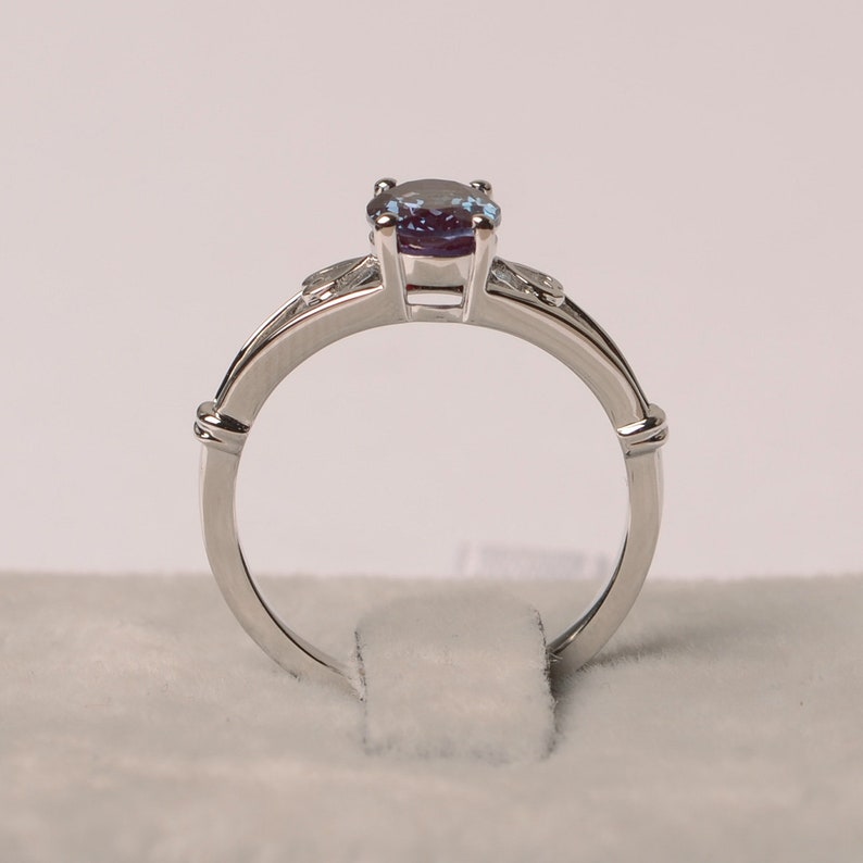 Alexandrite ring oval cut Jun birthstone silver solitaire engagement ring for women