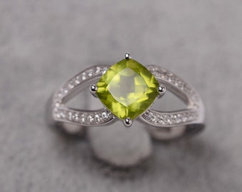 Peridot ring August birthstone cushion cut green gemstone ring white gold engagement ring