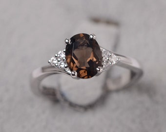 Smoky quartz ring sterling silver engagement ring for women oval cut brown gemstone ring