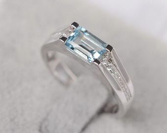 natural aquamarine ring silver annuversary ring March birthstone ring wedding ring for women