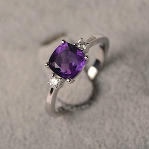 Purple amethyst ring for women sterling silver engagement ring cushion cut February birthstone