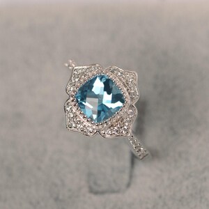 Swiss blue topaz ring sterling silver flower engagement ring for women cushion cut blue gemstone ring