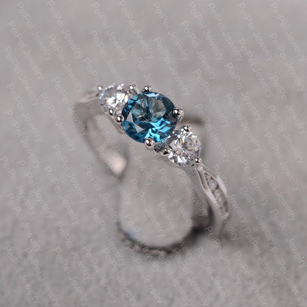 London Blue Topaz Ring Round Cut Blue Gemstone Sterling Silver ...