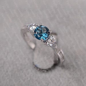 London blue topaz ring round cut blue gemstone sterling silver engagement ring for women