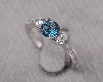 London blue topaz ring round cut blue gemstone sterling silver engagement ring for women