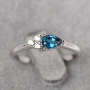 Real London Blue Topaz Engagement Ring 14K White Gold Pear Cut November Birthstone Ring