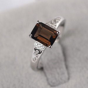 Smoky quartz ring emerald cut engagement ring sterling silver